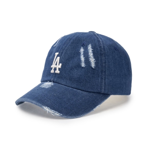 MLB Damage washed denim unstructured ball cap La Dodgers DARK BLUE denim - Mũ lưỡi trai, nón kết màu xanh jeans đậm