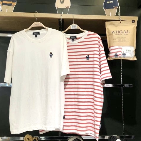 WHOAU T-SHIRT (SET GỒM 2 ÁO - Trắng và sọc Đỏ Red)
