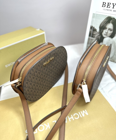 Túi Michael Kors MK Jet Set Travel Medium Signature Logo Crossbody Bag Brown - Túi đeo chéo, dáng oval tròn, màu nâu