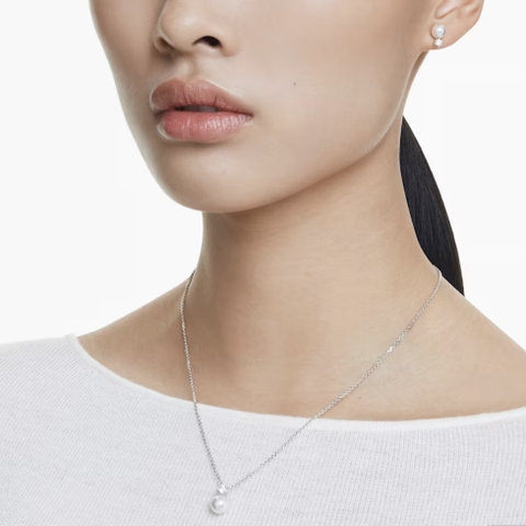 SWAROVSKI Matrix set (Crystal pearl, Round cut, White, Rhodium plated) - EARRINGS & NECKLACE - Khuyên tai + dây cổ, ngọc trai pha lê trắng - JEWELRY