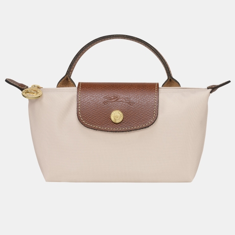 MINI SIZE - TÚI LONGCHAMP LE PLIAGE ORIGINAL POUCH WITH HANDLE - Paper - Recycled Canvas - Túi xách màu be, quai nắp nâu