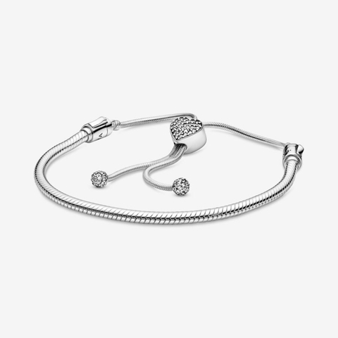 Pandora Moments Pavé Heart & Snake Chain Sliding Bracelet (Heart Clasp, Silver Sterling) - Vòng/lắc tay bạc 925, khoá trái tim, dáng rút mềm - JEWELRY BRACELET