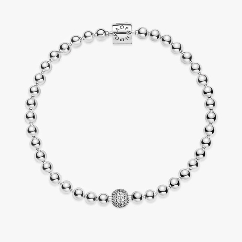CHÍNH HÃNG - PANDORA Beads & Pavé Bracelet (Barrel clasp, Silver Sterling)- Vòng/lắc bạc 925, khoá trụ, dáng bi tròn - JEWELRY