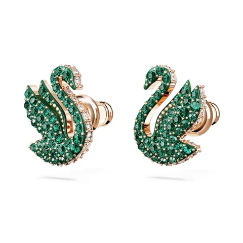 SWAROVSKI Swan stud earrings (Green, Rose gold-tone plated) - Khuyên tai thiên nga, pha lê xanh - JEWERY