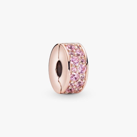 CHÍNH HÃNG - PANDORA Clear Pavé Clip Charm (14K Rosegold plated, Zircona) - Hạt trang trí vòng tay, chốt bấm, hỗn hợp kim loại mạ vàng hồng 14k