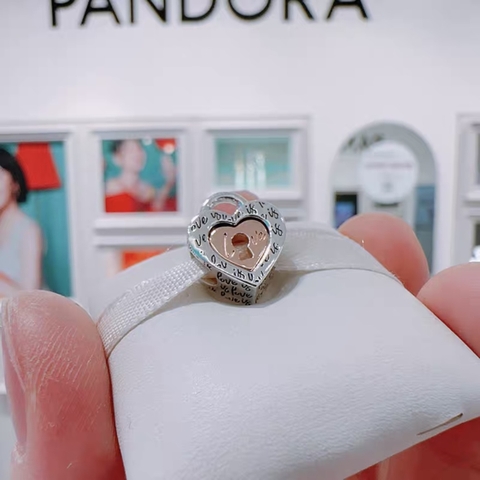 PANDORA Charm Moments HEART LOCK (Silver Sterling, 14k Rose-gold plated) - Hạt trang trí vòng, lắc tay hình khoá trái tim, bạc 925, mạ vàng hồng 14k - JEWELRY CHARMS