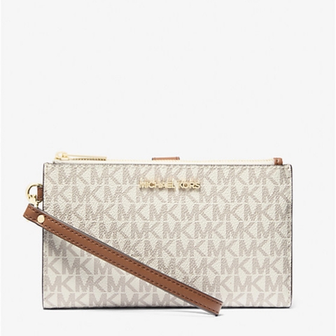 MICHAEL KORS MK Jet Set Travel Signature Logo Vanilla - Double Zip Wallet - Ví cầm tay nhiều ngăn đựng thẻ, tiền, màu kem