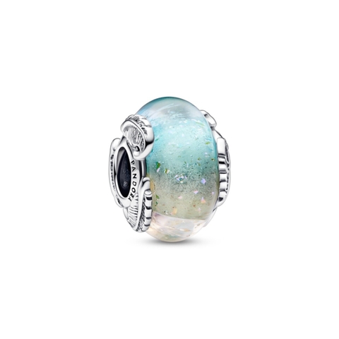 PANDORA Multicolour Murano Glass & Curved Feather Charm (Silver Sterling) - Hạt trang trí vòng tay hình tròn, bạc 925, màu cầu vòng, hoạ tiết lông vũ - JEWELRY