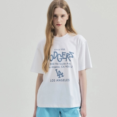 Áo MLB Street Lettering Overfit T-shirt LA Dodgers White - Áo thun cổ tròn tay lỡ màu trắng