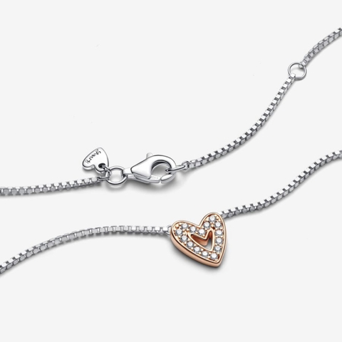 PANDORA Sparkling Freehand Heart Necklace (Sterling Silver, 14k Rose-gold plated) - Dây chuyền/ cổ bạc 925, mặt trái tim mạ vàng hồng 14k - JEWELRY