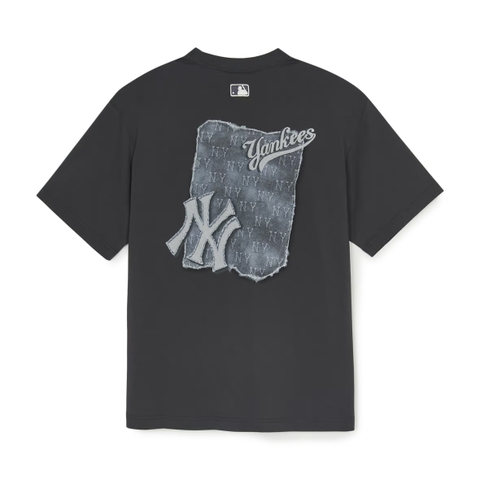 MLB Denim-like monotiv overfit functional short-sleeve T-shirt New York Yankees Charcoal - Áo thun cổ tròn, tay lở màu than chì