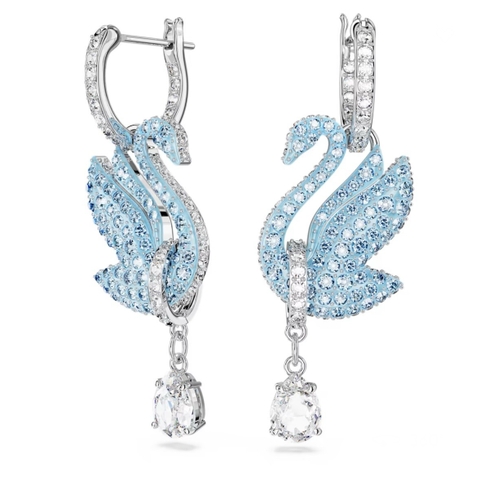 SWAROVSKI Swan drop earrings (Swan, Blue, Rhodium plated) - Khuyên tai thiên nga xanh - JEWERY
