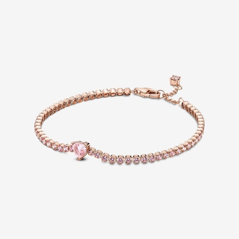 PANDORA Sparkling Heart Tennis Bracelet (14k rose-gold plated, Pink Crystal) - Vòng/lắc tay hỗn hợp kim loại mạ vàng hồng 14k, đá pha lê hồng, hình tim