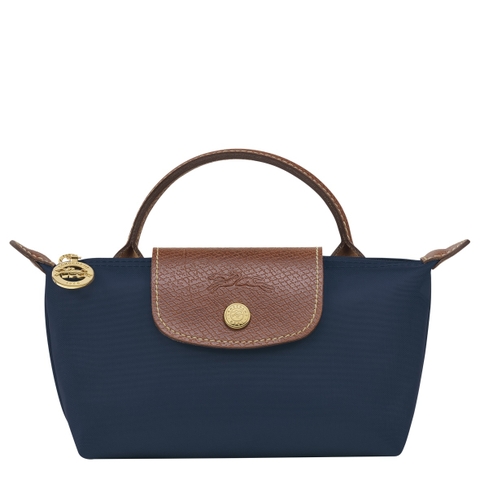 MINI SIZE - TÚI LONGCHAMP LE PLIAGE ORIGINAL POUCH WITH HANDLE - NAVY - Recycled Canvas - Túi xách màu xanh đen, quai nắp nâu
