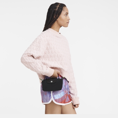 MINI SIZE - TÚI LONGCHAMP LE PLIAGE NOIR GREEN POUCH WITH HANDLE - BLACK - Recycled Canvas - Túi xách màu đen, quai nắp đen