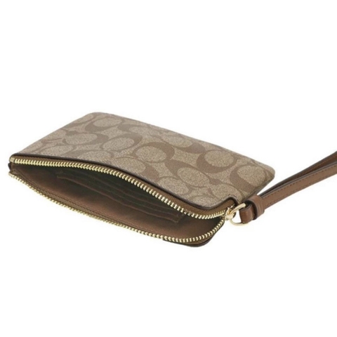 COACH 6648 Signature Large Corner Zip Wristlet Khaki Saddle - Ví cầm tay, khoá kéo