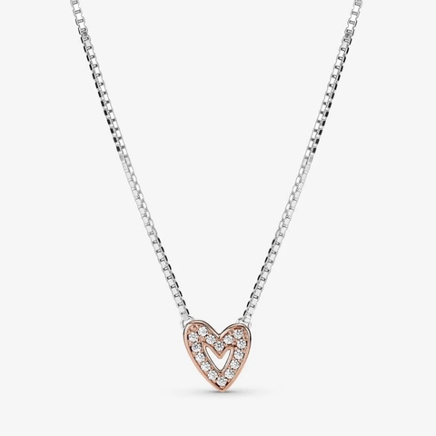 PANDORA Sparkling Freehand Heart Necklace (Sterling Silver, 14k Rose-gold plated) - Dây chuyền/ cổ bạc 925, mặt trái tim mạ vàng hồng 14k - JEWELRY