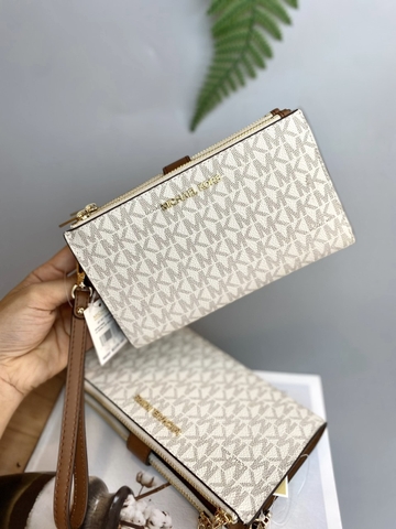 MICHAEL KORS MK Jet Set Travel Signature Logo Vanilla - Double Zip Wallet - Ví cầm tay nhiều ngăn đựng thẻ, tiền, màu kem