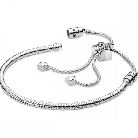 Pandora Moments Pavé Star & Snake Chain  Sliding Bracelet (Star Clasp, Silver Sterling) - Vòng/lắc tay bạc 925, khoá ngôi sao, dáng rút mềm - JEWELRY BRACELET