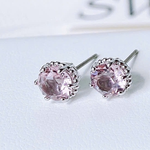 SWAROVSKI Birthstone stud earrings (Round cut, Pale Pink, Rhodium plated) - Khuyên tai, hình tròn, pha lê màu hồng phớt - JEWERY