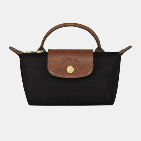 MINI SIZE - TÚI LONGCHAMP LE PLIAGE ORIGINAL POUCH WITH HANDLE - BLACK - Recycled Canvas - Túi xách màu đen, quai nắp nâu
