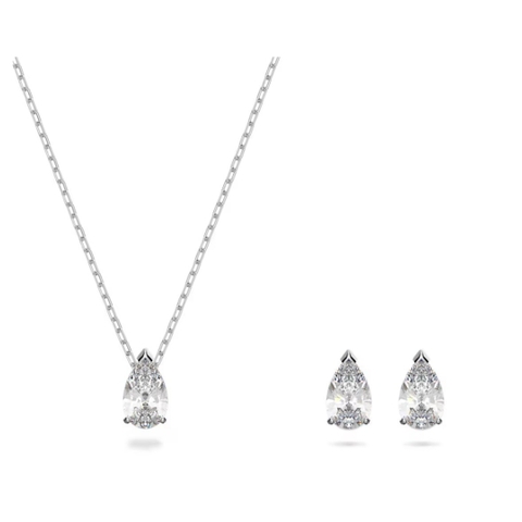 SWAROVSKI Stilla Attract set (Pear cut, White, Rhodium plated) - EARRINGS & NECKLACE - Khuyên tai + dây cổ, pha lê trắng - JEWELRY