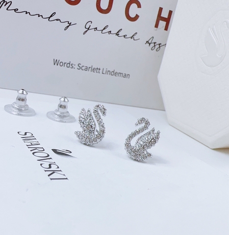 SWAROVSKI Swan stud earrings (Swan, White, Rhodium plated) - Khuyên tai thiên nga trắng - JEWERY
