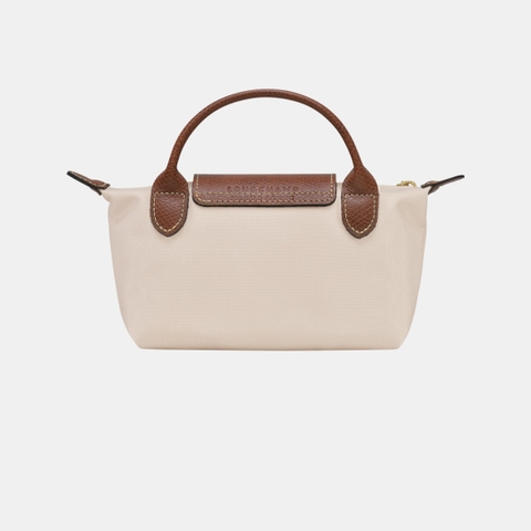 MINI SIZE - TÚI LONGCHAMP LE PLIAGE ORIGINAL POUCH WITH HANDLE - Paper - Recycled Canvas - Túi xách màu be, quai nắp nâu