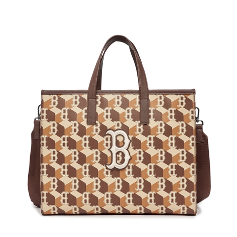 MLB CUBE MONOGRAM MEDIUM TOTE CROSSBODY BAG BOSTON RED SOX - Túi đeo chéo, quai xách, màu nâu cam