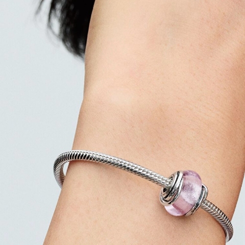 PANDORA Encircled Pink Murano Glass Charm (Silver Sterling) - Hạt trang trí vòng tay hình tròn, bạc 925, màu hoa hồng - JEWELRY