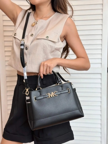 Túi MK Michael Kors Reed Small Pebbled Leather Belted Satchel Black Bag - Túi xách, túi đeo chéo màu đen