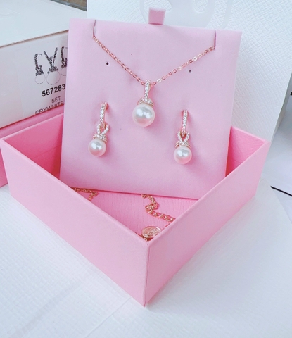 SWAROVSKI Originally set (White, Rose gold-tone plated) - EARRINGS & NECKLACE - Khuyên tai + dây cổ, pha lê ngọc trai - JEWELRY