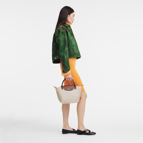 SMALL SIZE - TÚI LONGCHAMP LE PLIAGE ORIGINAL POUCH WITH HANDLE - Paper - Recycled Canvas - Túi xách màu be, quai nắp nâu