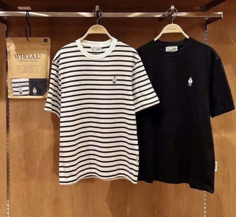 CHÍNH HÃNG - WHOAU (2PACK/SET) STEVE BEAR STRIPE T-SHIRT - Bộ 2 áo thun màu đen+sọc
