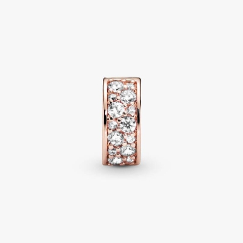 CHÍNH HÃNG - PANDORA Clear Pavé Clip Charm (14K Rosegold plated, Zircona) - Hạt trang trí vòng tay, chốt bấm, hỗn hợp kim loại mạ vàng hồng 14k
