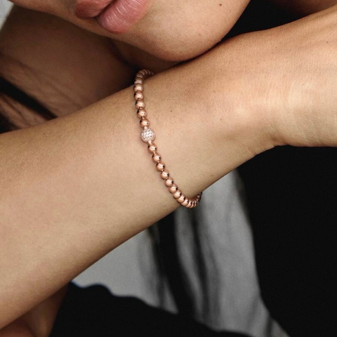 CHÍNH HÃNG - PANDORA Beads & Pavé Bracelet (Barrel clasp, 14K rosegold plated)- Vòng/lắc khoá trụ, dáng bi tròn, mạ vàng hồng 14K - JEWELRY