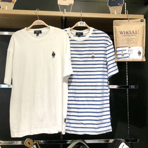 WHOAU T-SHIRT (SET GỒM 2 ÁO - Trắng và sọc Xanh Blue)
