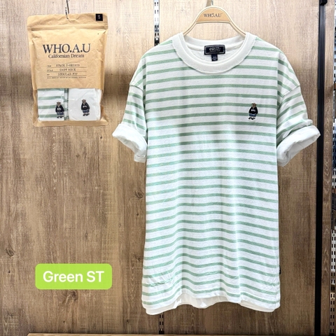 WHOAU T-SHIRT (SET GỒM 2 ÁO - Trắng và sọc Xanh Green)