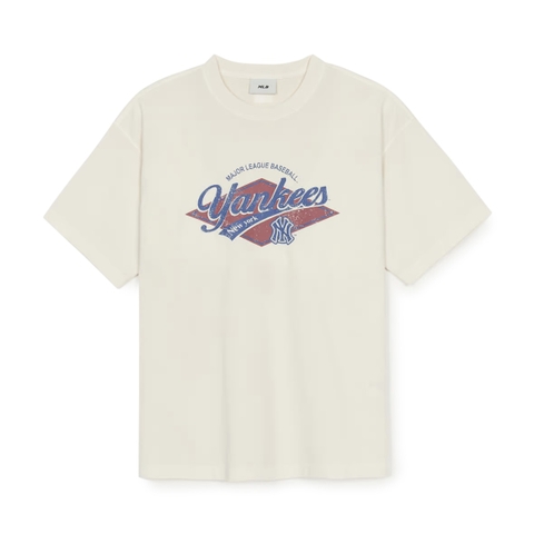MLB Varsity Vintage Washed Graphic Mega Overfit Short Sleeve T-Shirt NY Newyork Cream - Áo thun cổ tròn tay lỡ tone trắng kem
