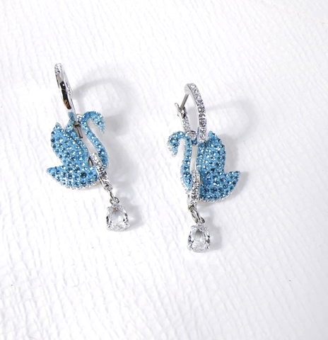 SWAROVSKI Swan drop earrings (Swan, Blue, Rhodium plated) - Khuyên tai thiên nga xanh - JEWERY