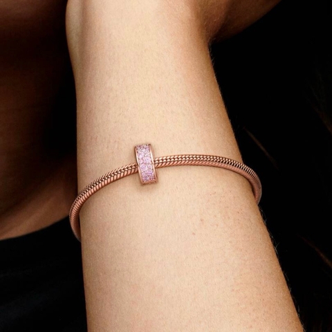 CHÍNH HÃNG - PANDORA Clear Pavé Clip Charm (14K Rosegold plated, Zircona) - Hạt trang trí vòng tay, chốt bấm, hỗn hợp kim loại mạ vàng hồng 14k