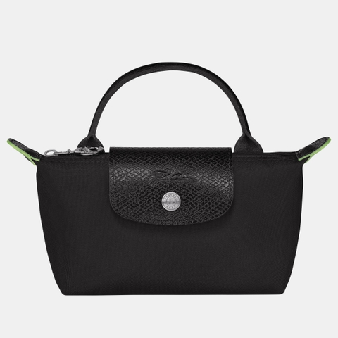 MINI SIZE - TÚI LONGCHAMP LE PLIAGE NOIR GREEN POUCH WITH HANDLE - BLACK - Recycled Canvas - Túi xách màu đen, quai nắp đen