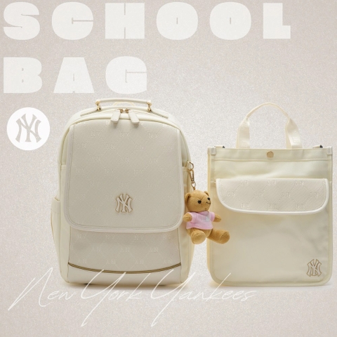 MLB DIA MONOGAM EMBOSSED SCHOOLBAG WHITE SET (BACKPACK + TOTE CROSSBODY BAG) (SET GỒM BALO + TÚI XÁCH ĐI KÈM)