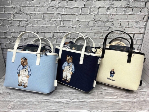 WHOAU BEAR CANVAS TOTE BAG NAVY/BLUE/WHITE - Túi xách có quai, đeo chéo, hình gấu, màu xanh đen/ xanh biển/ trắng