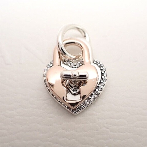 PANDORA Charm Moments Dangle HEART LOCK (Silver Sterling, 14k Rose-gold plated) - Hạt trang trí vòng, lắc tay hình khoá trái tim treo, bạc 925, mạ vàng hồng 14k