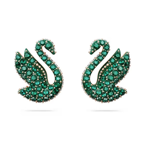 SWAROVSKI Swan stud earrings (Green, Rose gold-tone plated) - Khuyên tai thiên nga, pha lê xanh - JEWERY