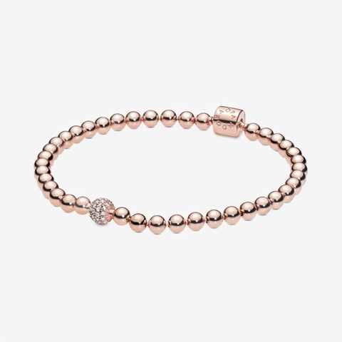 CHÍNH HÃNG - PANDORA Beads & Pavé Bracelet (Barrel clasp, 14K rosegold plated)- Vòng/lắc khoá trụ, dáng bi tròn, mạ vàng hồng 14K - JEWELRY
