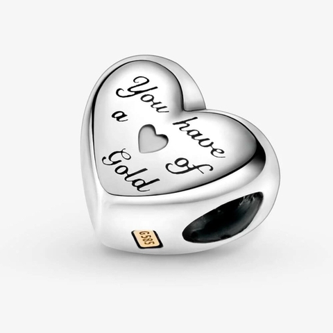 PANDORA Domed Golden Heart Charm “You Have a Heart of Gold” (Sterling silver, 14K Gold) - Hạt trang trí vòng tay hình trái tim vàng