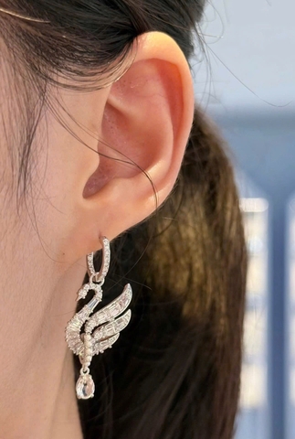 SWAROVSKI Swan earrings (Swan, White, Rhodium plated) - Khuyên tai, thiên nga, đính pha lê trắng - JEWERY