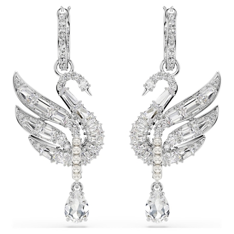SWAROVSKI Swan earrings (Swan, White, Rhodium plated) - Khuyên tai, thiên nga, đính pha lê trắng - JEWERY